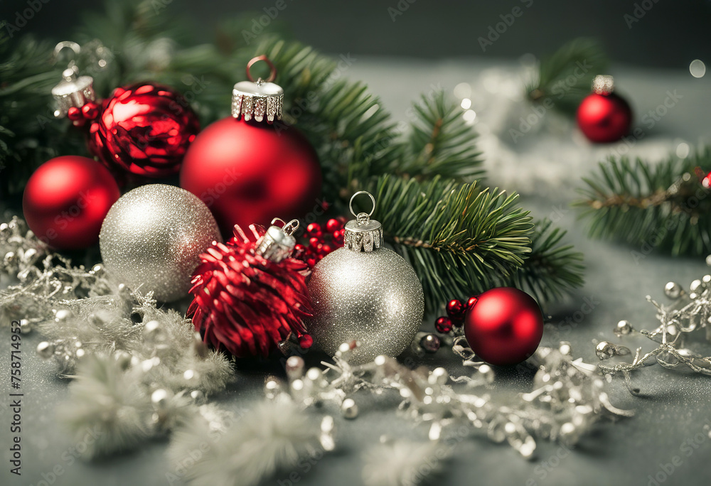 Christmas natural fir twigs with red and silver ornaments make frame on silver theme. Stop motion stock video