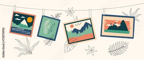 Cards in vintage new nostalgia collage style. Postcards and botanical elements. Retro vector illustration in flat style.