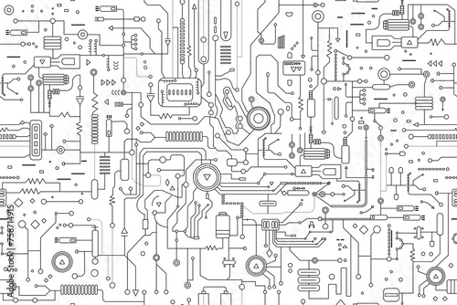 Seamless pattern of circuit board. Illustration in the outline, flat style. Technology background. Artificial intelligence concept.	