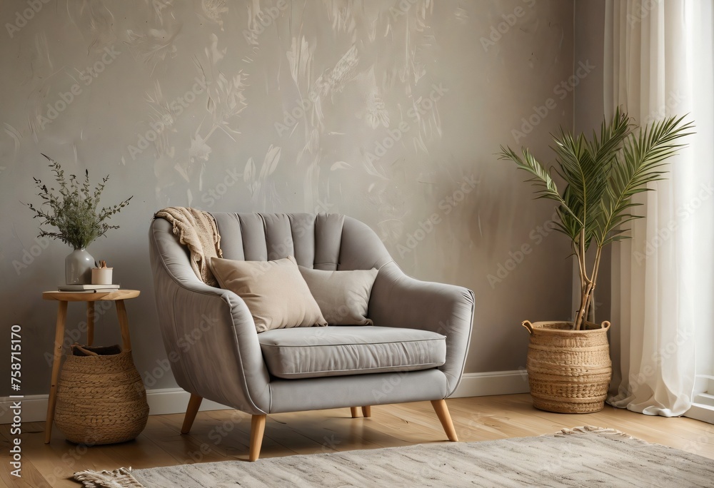 Fototapeta premium Grey Snuggle Chair and Stucco Wall in Modern Living Room ai generated