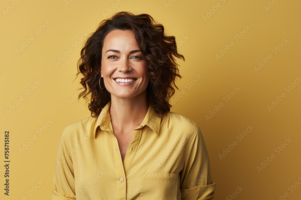 Portrait of smiling woman in yellow shirt on yellow background with copy space Portrait of smiling woman in yellow shirt on yellow background with copy space