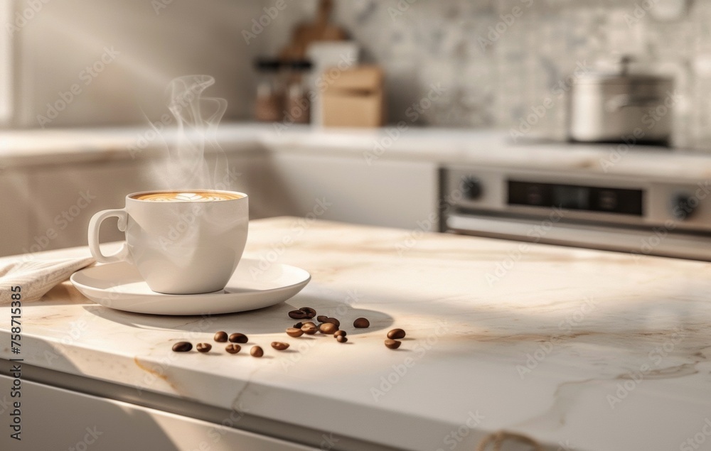 A steaming cup of coffee sits on a sunlit kitchen counter, with scattered beans and a bowl in the background, evoking a cozy morning vibe A steaming cup of coffee sits on a sunlit kitchen counter, with scattered beans and a bowl in the background, evoking a cozy morning vibe