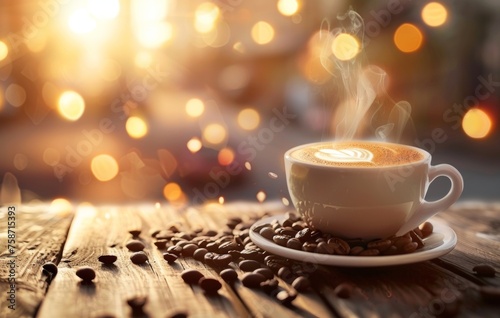 A warm, inviting cup of coffee emits steam on a rustic wooden table amidst scattered coffee beans, with a bokeh light backdrop