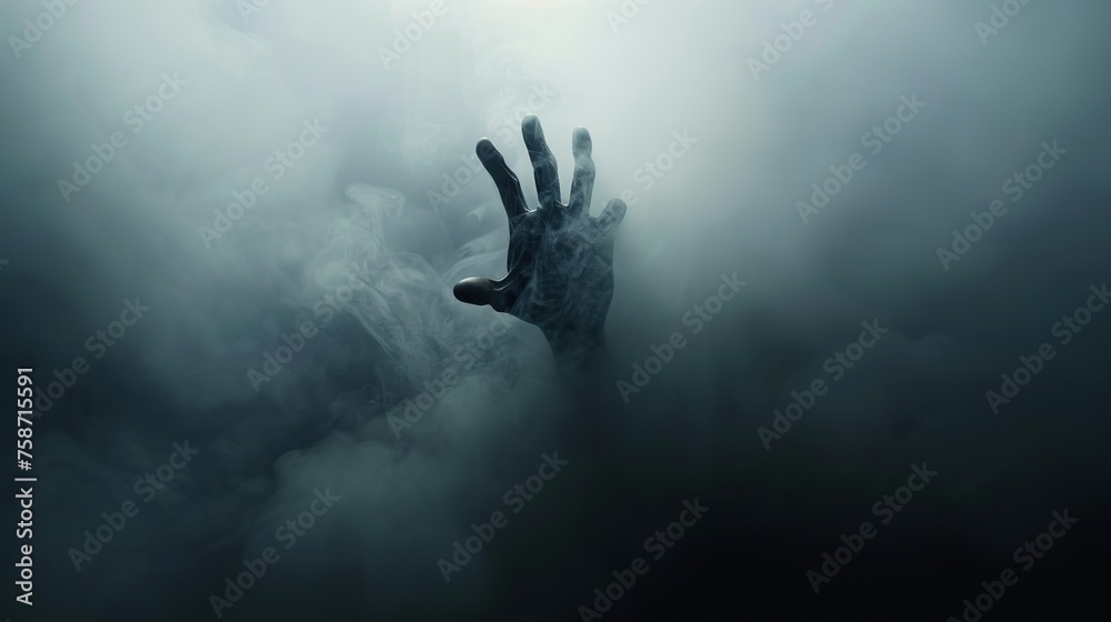 Chilling scene Satans hand emerging from dense fog Chilling scene Satans hand emerging from dense fog