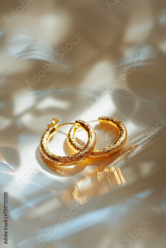 classic gold hoop earrings exude elegance and simplicity, resting on a soft background