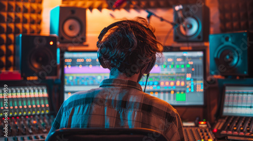 A sound engineer is seen from behind, focusing on mixing and recording equipment in a professional studio photo