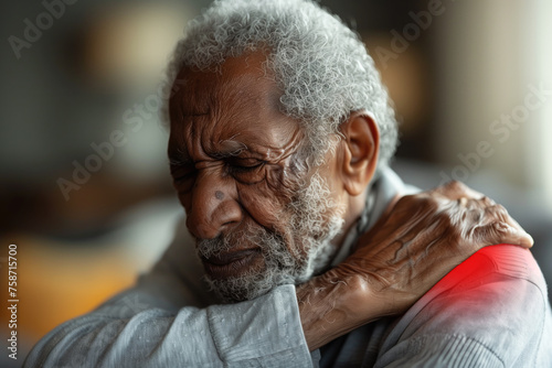 Elderly African man with shoulder pain at home, joint inflammation, muscle cramp, arthritis and rheumatism in old age, health problems concept photo