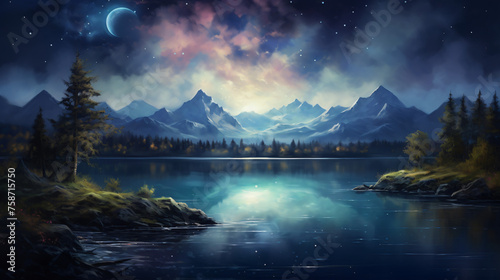 Oil painting of a magical night sky above a lake 