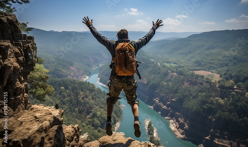 Man Backpack Jumping Cliff