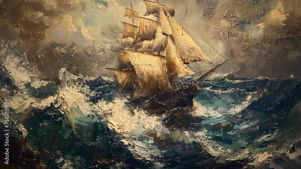 Oil painting of a ship on the raging seas .. - obrazy, fototapety, plakaty 