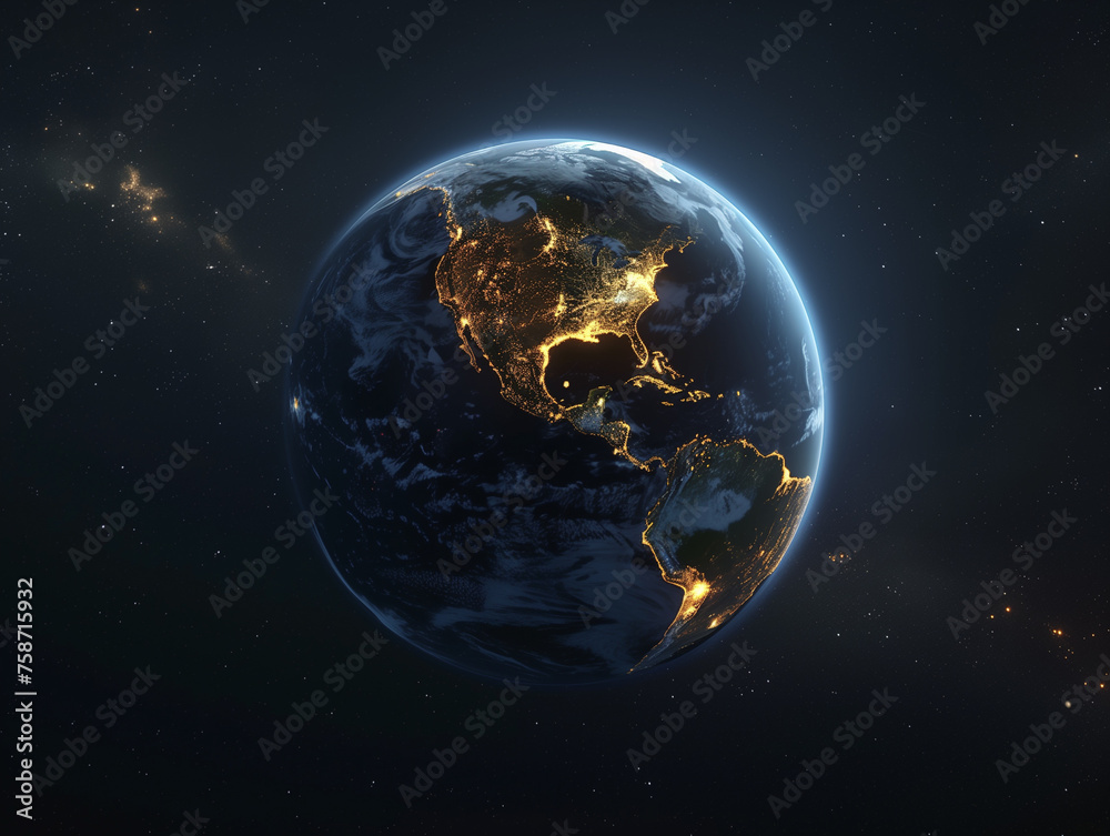 Fototapeta premium A stunning view of the Earth from space as night falls over continents