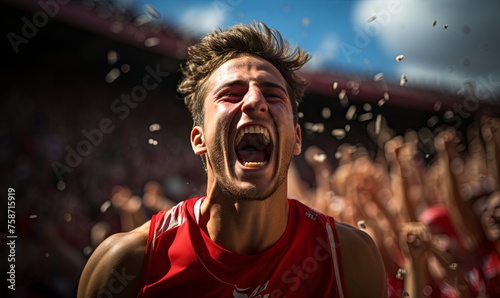 Man in Red Shirt Screaming in Front of Crowd