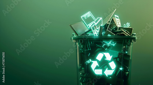 A semi - opaque recycling bin filled with electronic waste, overlaid with glowing eco - tech icons, against a light green background.
