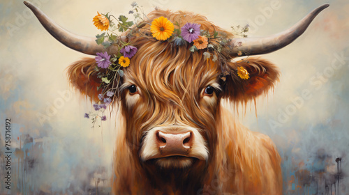 Oil Painting of Highland Cow with Flower Crown © Natia