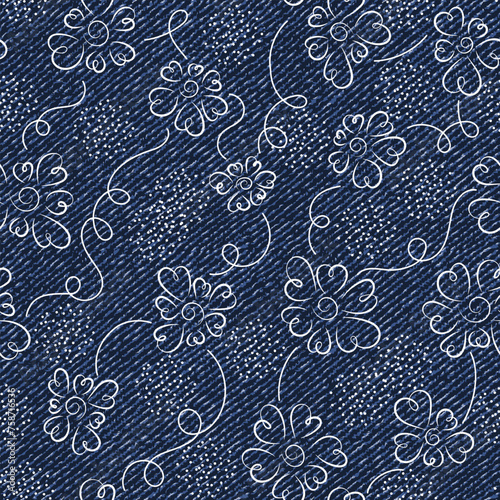 Seamless pattern with abstract white outline flowers with tendrils on denim grunge seamless texture. Doodle style.