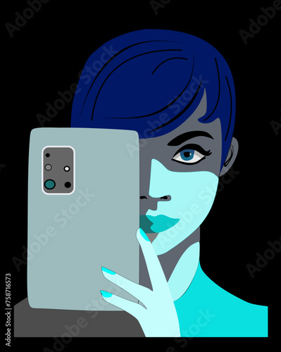 Abstract  blue background ,woman takes photos with cell phone