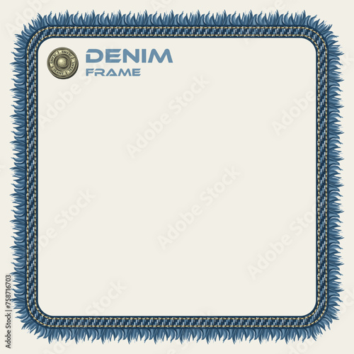 Square frame in denim style with fringe, topstitching, button. White background. Vintage style.