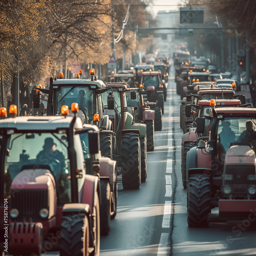 multitude de tracteurs agricoles bloquant par un embouteillage la circulation des grandes agglomérations et capitales d'Europe pour manifester sur les conditions des agriculteurs et de l'agriculture.  photo
