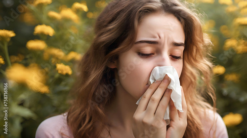 Woman blows nose suffers from seasonal pollen allergy near blossoming tree outdoors. Allergic reaction on pollen