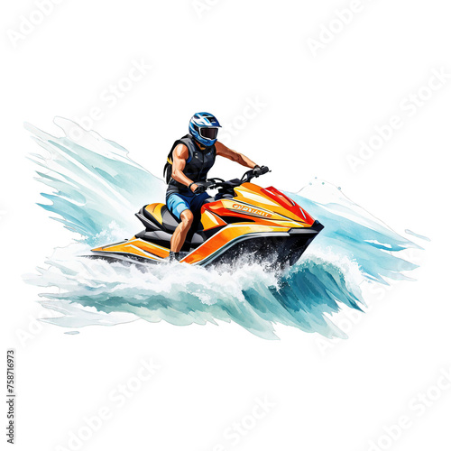 A man riding a jet ski, watercolor illustration, hobby, sea, ocean activities, fun enjoyment, summer activities, vector clipart, cutout on white background