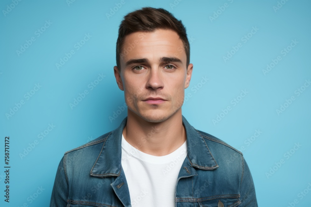 Portrait of serious young man in denim jacket on blue background. Portrait of serious young man in denim jacket on blue background.