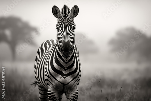 portrait zebra in the savanna, black and white photography photo
