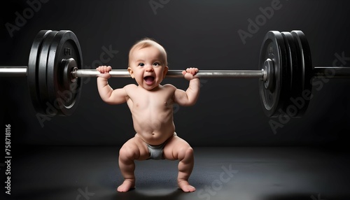 Funny Strong Baby Lifting A Heavy Barbell Over Dar