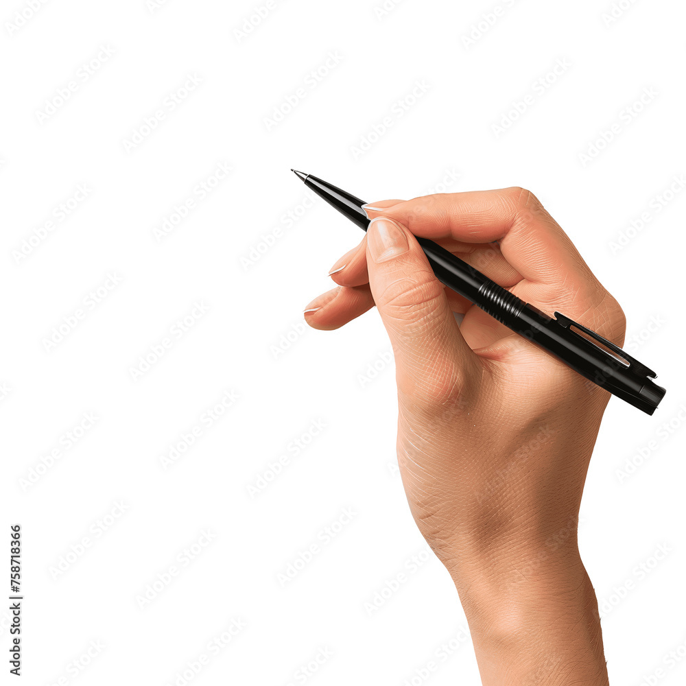 Hand Holding Pen on White Paper, Isolated on Transparent Background Hand Holding Pen on White Paper, Isolated on Transparent Background