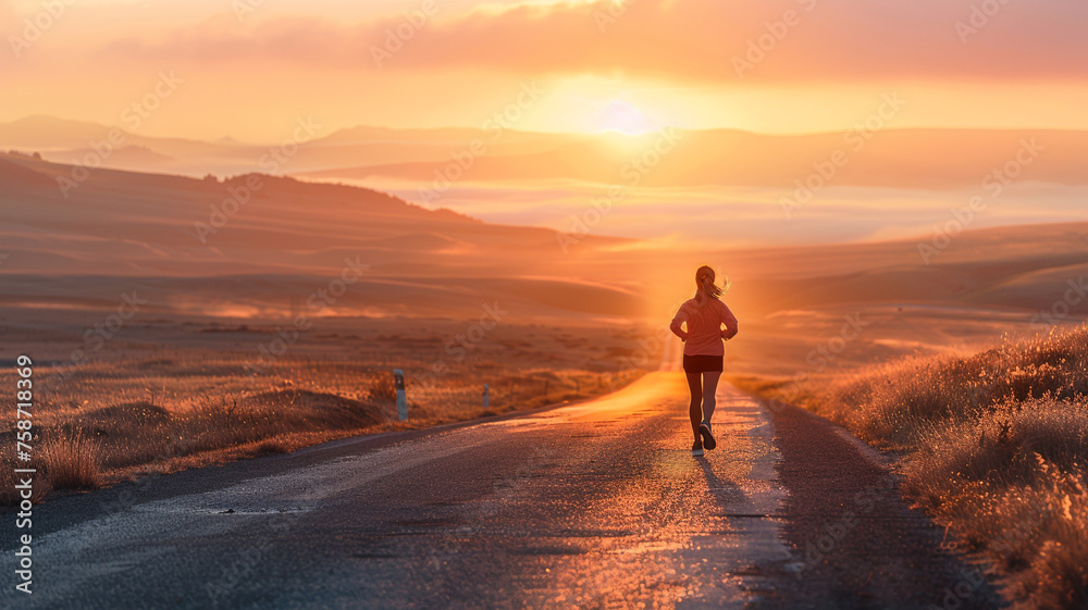 Woman jogging on the street in the morning - obrazy, fototapety, plakaty 