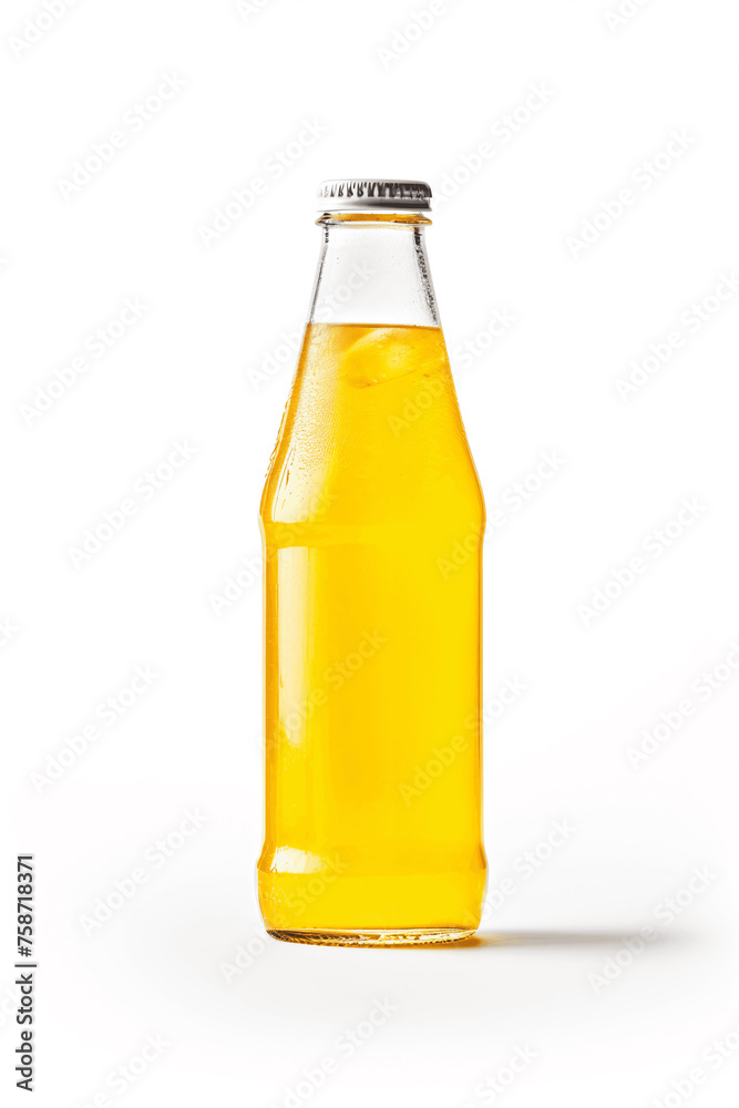 Transparent  Bottle Filled with Yellow Fizzy Drink, Isolated on White Background
