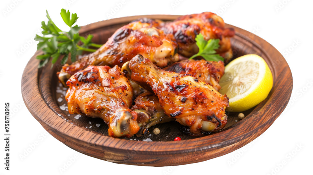 Lemon Pepper Wings on a plate isolated on transparent png background. Generative ai 