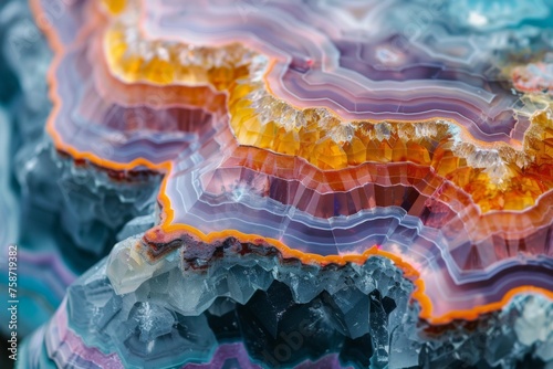 A vibrant macro shot of a cross-section of agate stone displaying rich, layered colors and natural patterns. 