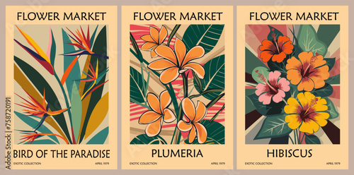 Set of abstract Flower Market posters. Trendy botanical wall art with exotic tropical flowers, Bird of Paradise, Plumeria, Hibiscus in bright colors. Vector illustrations in Mid century modern style.