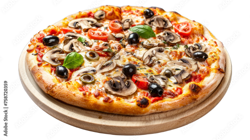 Mushroom and Olive Pizza isolated on transparent png background. Generative ai 