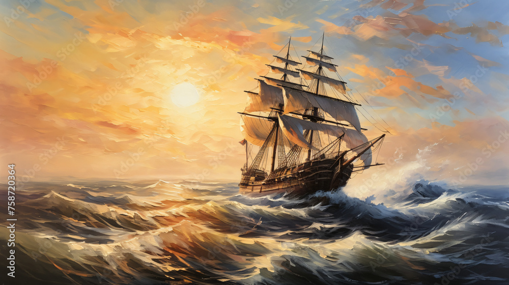 Oil painting seascape ship in the ocean - obrazy, fototapety, plakaty 