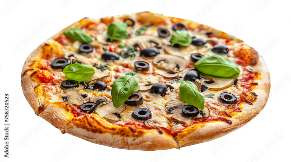 Mushroom and Olive Pizza isolated on transparent png background. Generative ai 