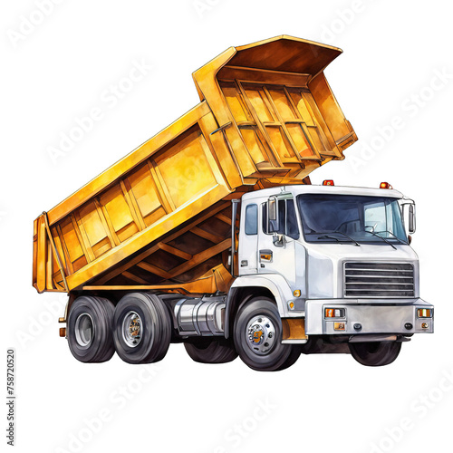 Dump truck watercolor illustration, material transport vehicle, vector clipart, isolated on white background photo