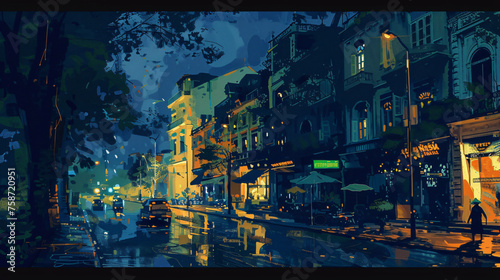 Oil painting style illustration of town landscape in night © Natia