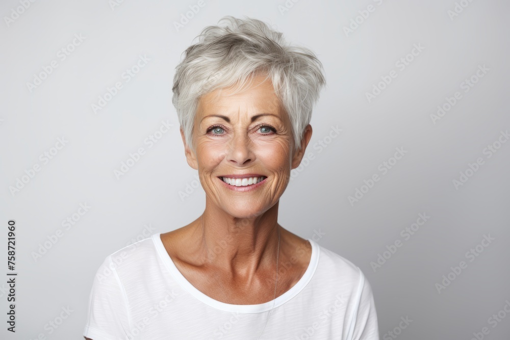 Portrait of a happy senior woman looking at camera against grey background Portrait of a happy senior woman looking at camera against grey background