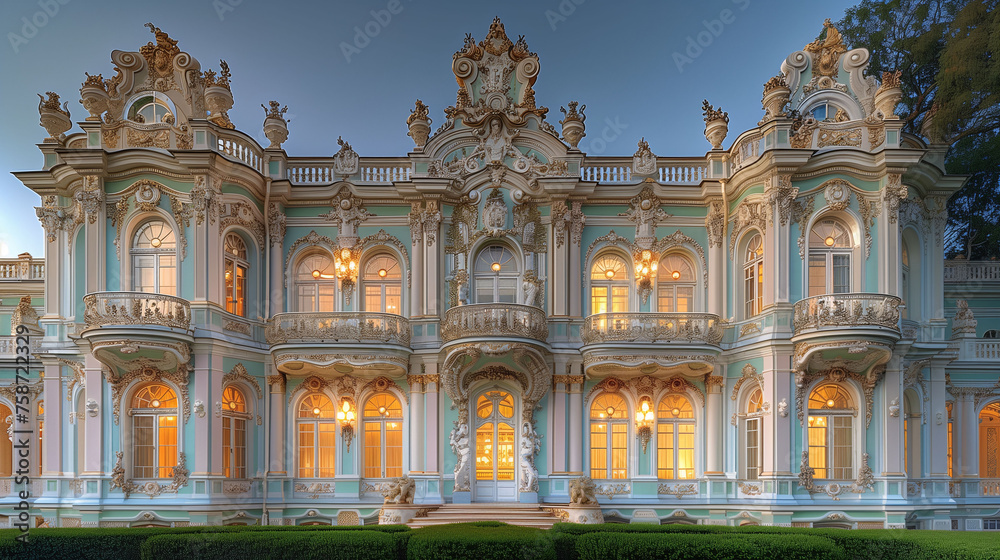 Elegant baroque palace at twilight with illuminated windows and intricate architectural details.