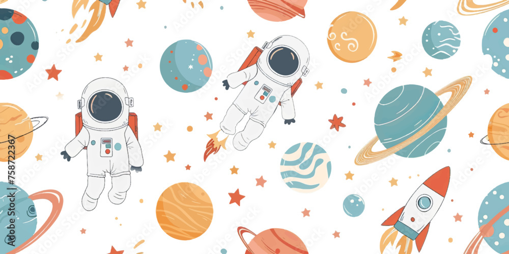 Astronaut, planets and stars, rocket, meteor. Seamless pattern on white background. Vector illustration in vintage style. cute cartoon design White background Astronaut, planets and stars, rocket, meteor. Seamless pattern on white background. Vector illustration in vintage style. cute cartoon design White background