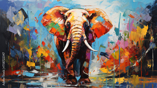 Original oil painting. Drawn multicolored elephant.  © Natia