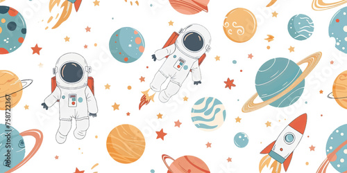 Astronaut, planets and stars, rocket, meteor. Seamless pattern on white background. Vector illustration in vintage style. cute cartoon design White background