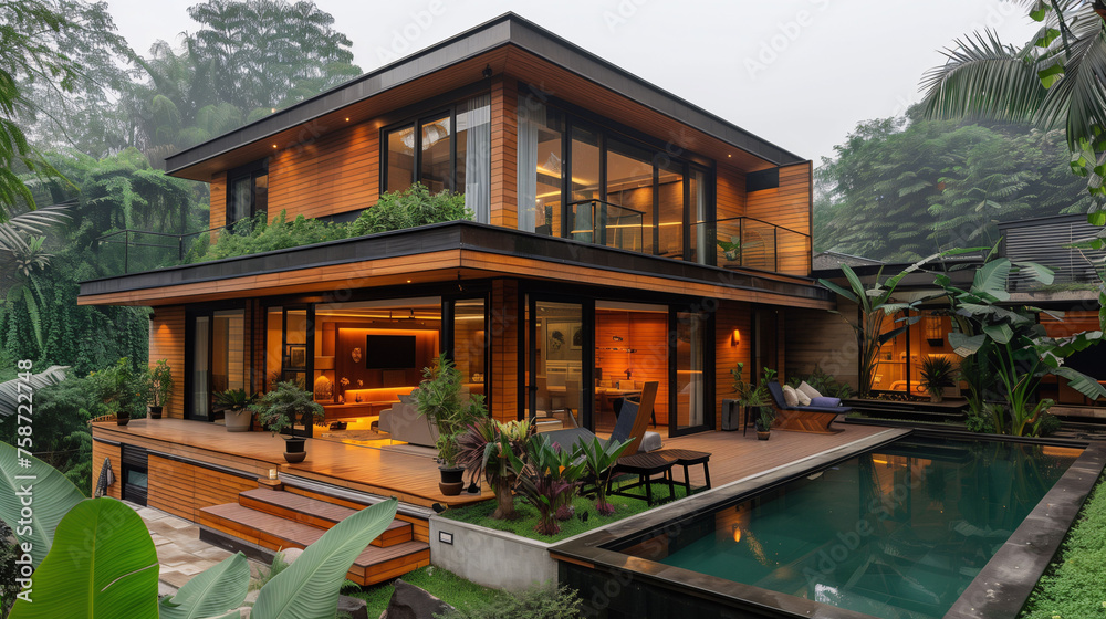 Modern house with illuminated interiors, pool, and lush greenery at dusk.