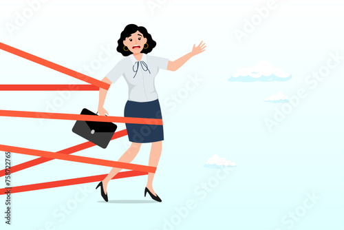 Strong businesswoman try with full effort to break red tape to growing in work, gender barrier, woman career obstacle or inequality, limitation,  discrimination, effort to overcome difficulty (Vector)