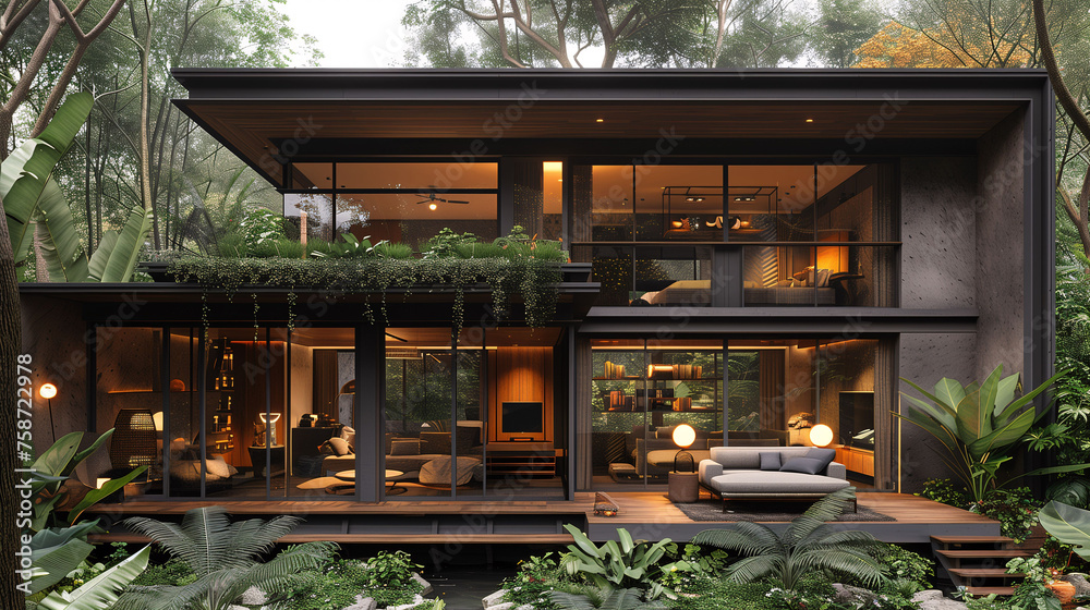 Modern house with large windows, lush forest at dusk, interior lighting, contemporary architecture.