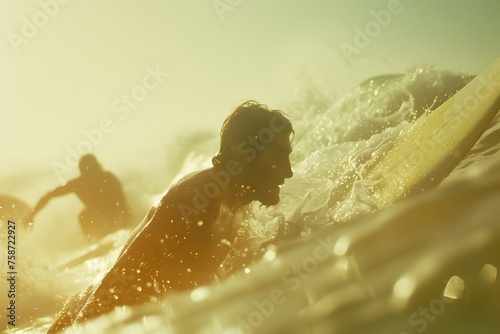Surfers navigate high swells in an ocean scene, highlighted by soft, beige-toned lighting and a laid-back surfer in the backdrop. © Pierre