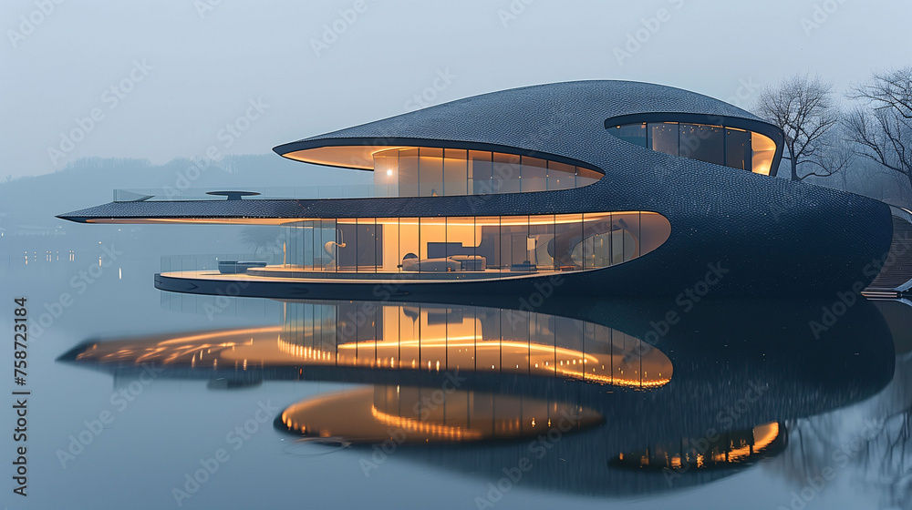 Modern architectural building with organic design, illuminated at twilight, reflecting on water surface. Modern architectural building with organic design, illuminated at twilight, reflecting on water surface.