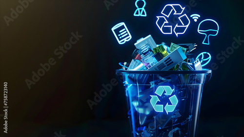 A semi - opaque recycling bin filled with electronic waste, overlaid with glowing eco - tech icons, against a deep black background.