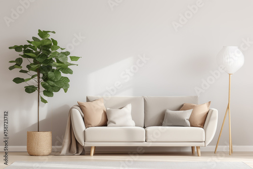 Salon avec un canapé gris clair beige dans un style scandinave. Pièce claire et lumineuse avec une grande plante et une lampe sur pied.  photo